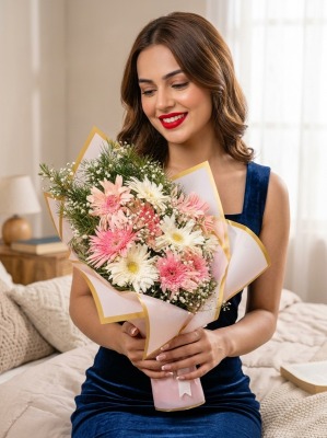 Şık Pembe ve Beyaz Gerbera Buketi